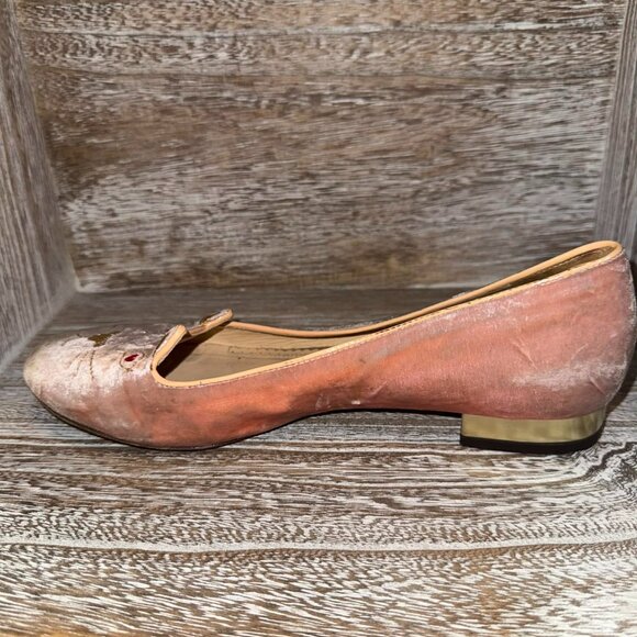 Charlotte Olympia Blush Pink Velvet Cat Kitty Loafer Flats - Picture 7 of 9